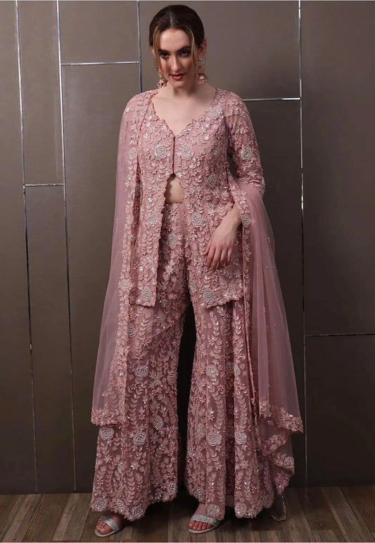 Designer Faux Georgette Embroidered Top Palazo Set with Net Dupatta