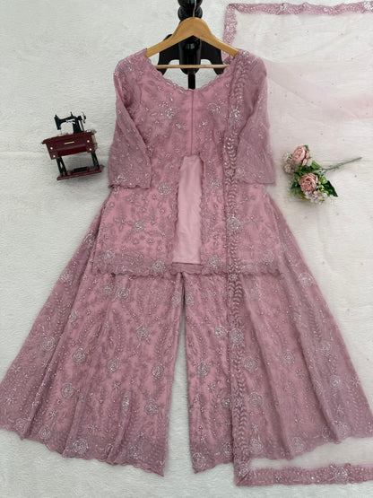 Designer Faux Georgette Embroidered Top Palazo Set with Net Dupatta