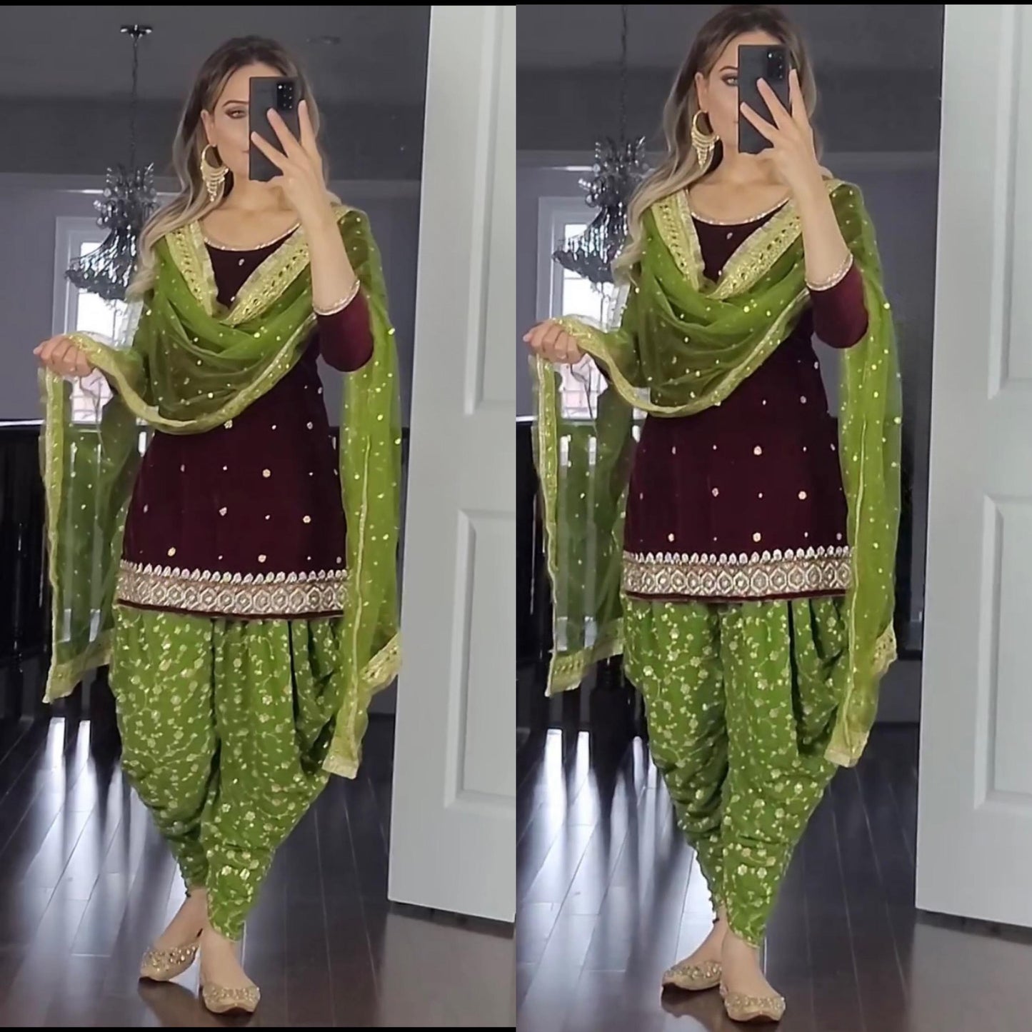 Faux Georgette Embroidered Top Dhoti Salwar Set with Dupatta