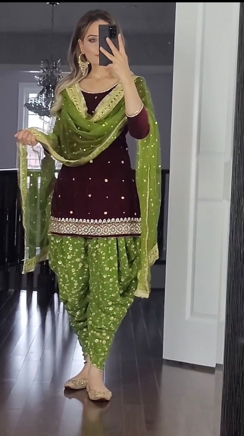 Faux Georgette Embroidered Top Dhoti Salwar Set with Dupatta