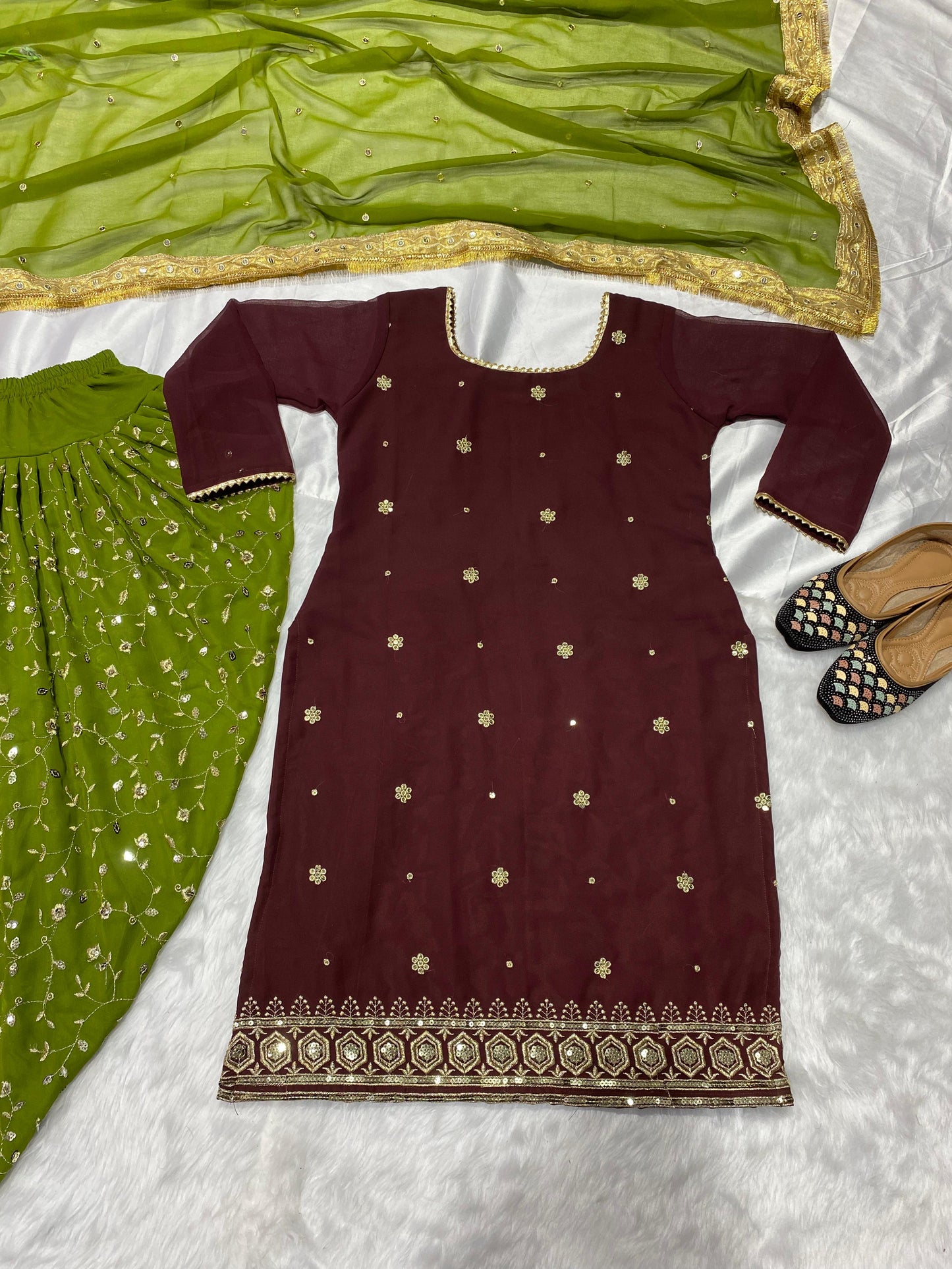 Faux Georgette Embroidered Top Dhoti Salwar Set with Dupatta