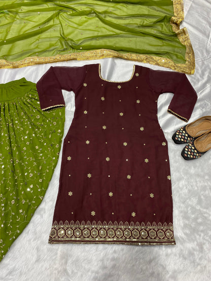 Faux Georgette Embroidered Top Dhoti Salwar Set with Dupatta