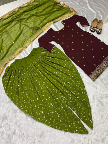 Faux Georgette Embroidered Top Dhoti Salwar Set with Dupatta