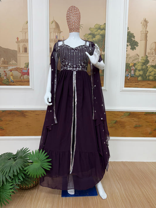 Faux Georgette Embroidered Lehenga Koti Set with Dupatta – Free Size