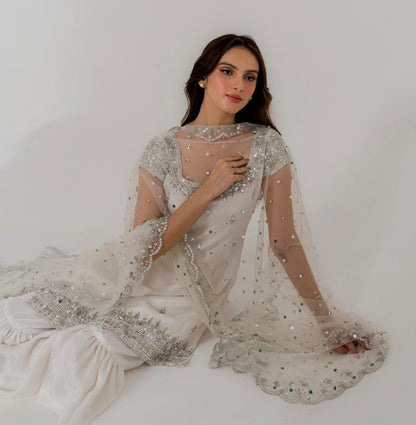 Wedding Wear Natural White Embroidery Sharara Suit