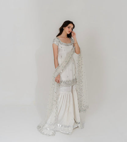 Wedding Wear Natural White Embroidery Sharara Suit