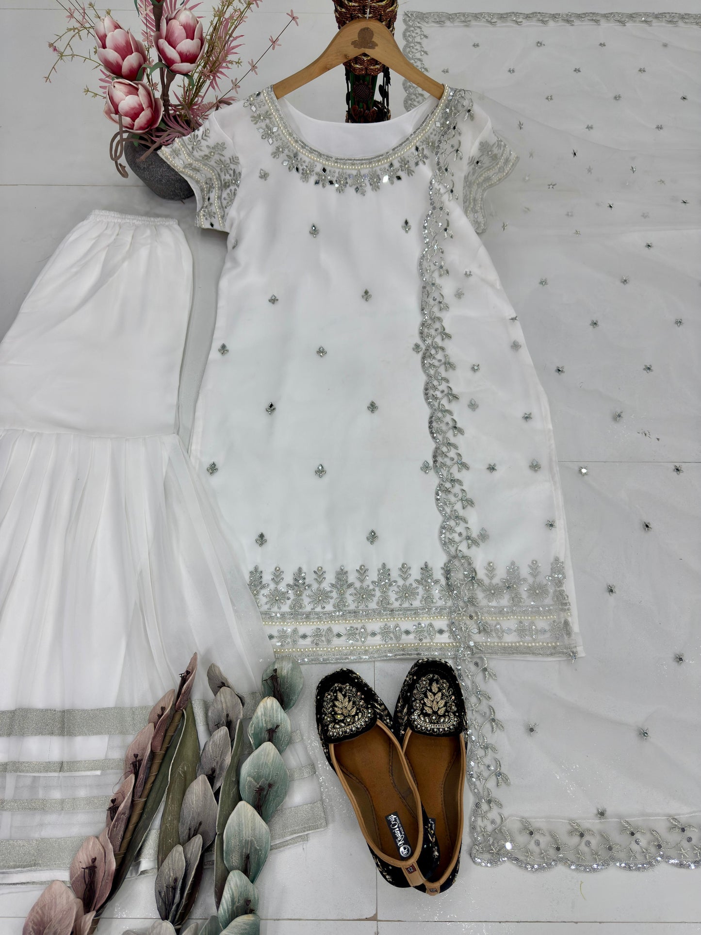 Wedding Wear Natural White Embroidery Sharara Suit