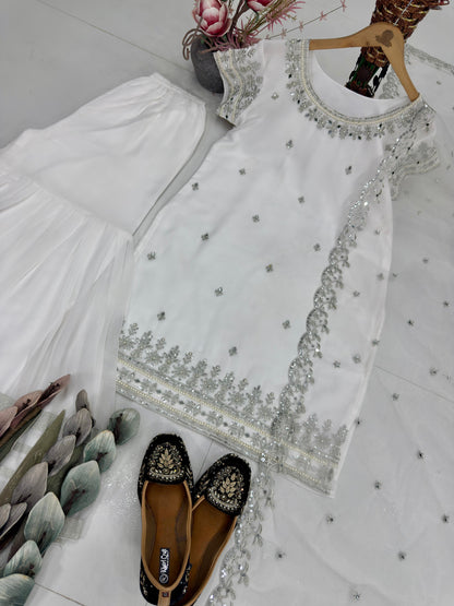 Wedding Wear Natural White Embroidery Sharara Suit