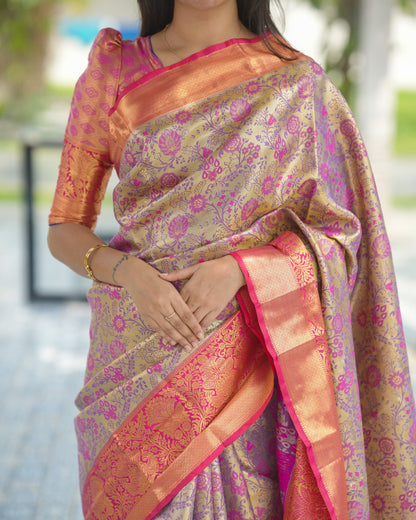 Beautiful Peach floral brocade Pure Kanjivaram Silk Sarees