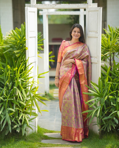 Beautiful Peach floral brocade Pure Kanjivaram Silk Sarees