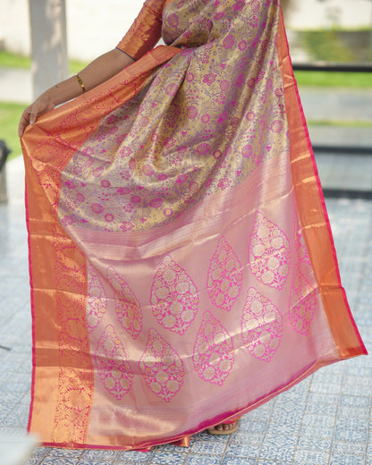 Beautiful Peach floral brocade Pure Kanjivaram Silk Sarees