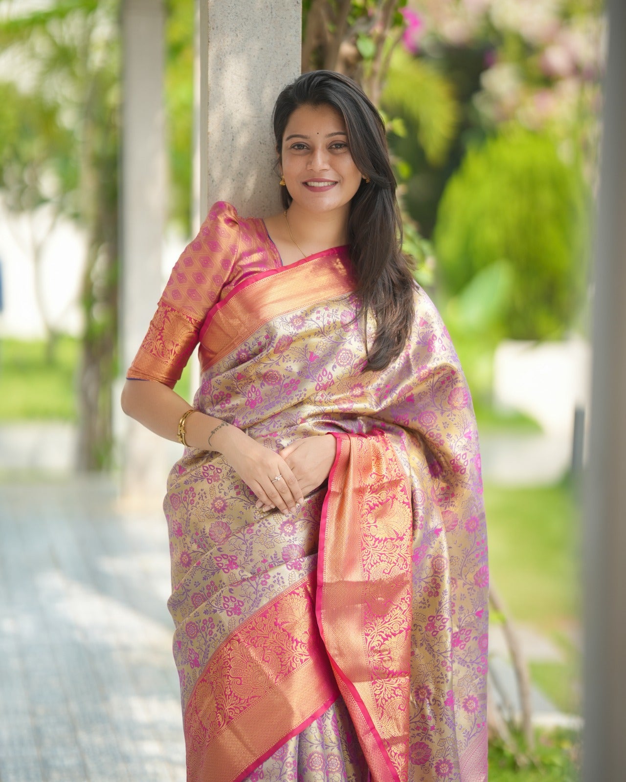 Beautiful Peach floral brocade Pure Kanjivaram Silk Sarees
