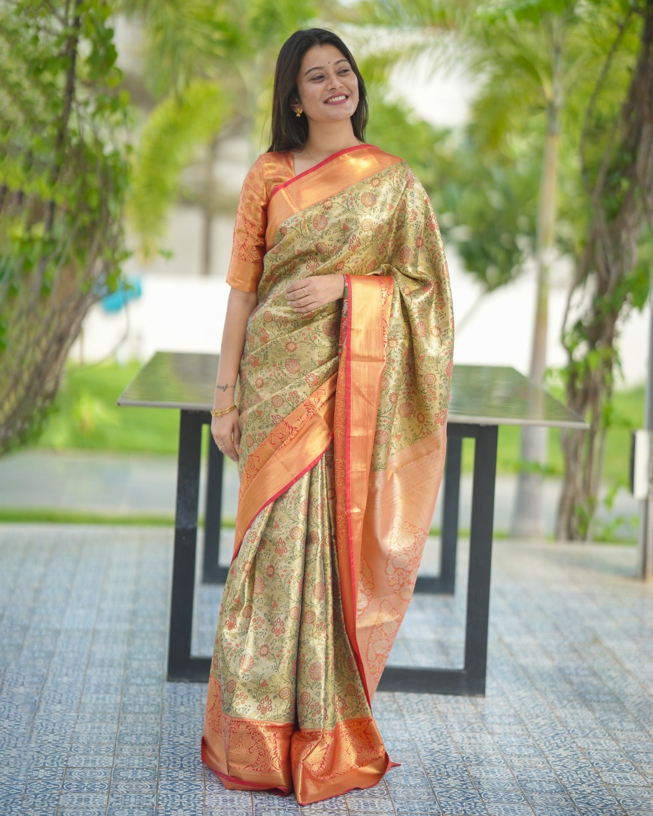 Pista Green floral Pure Kanjivaram Silk Sarees