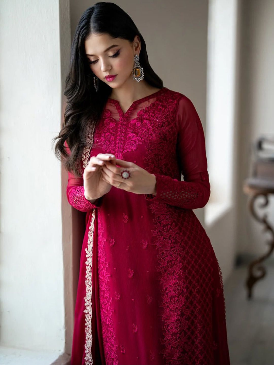 Party Wear Faux Georgette Embroidery Top Pant Dupatta Set