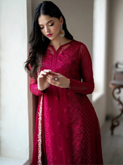 Party Wear Faux Georgette Embroidery Top Pant Dupatta Set
