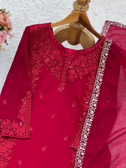 Party Wear Faux Georgette Embroidery Top Pant Dupatta Set