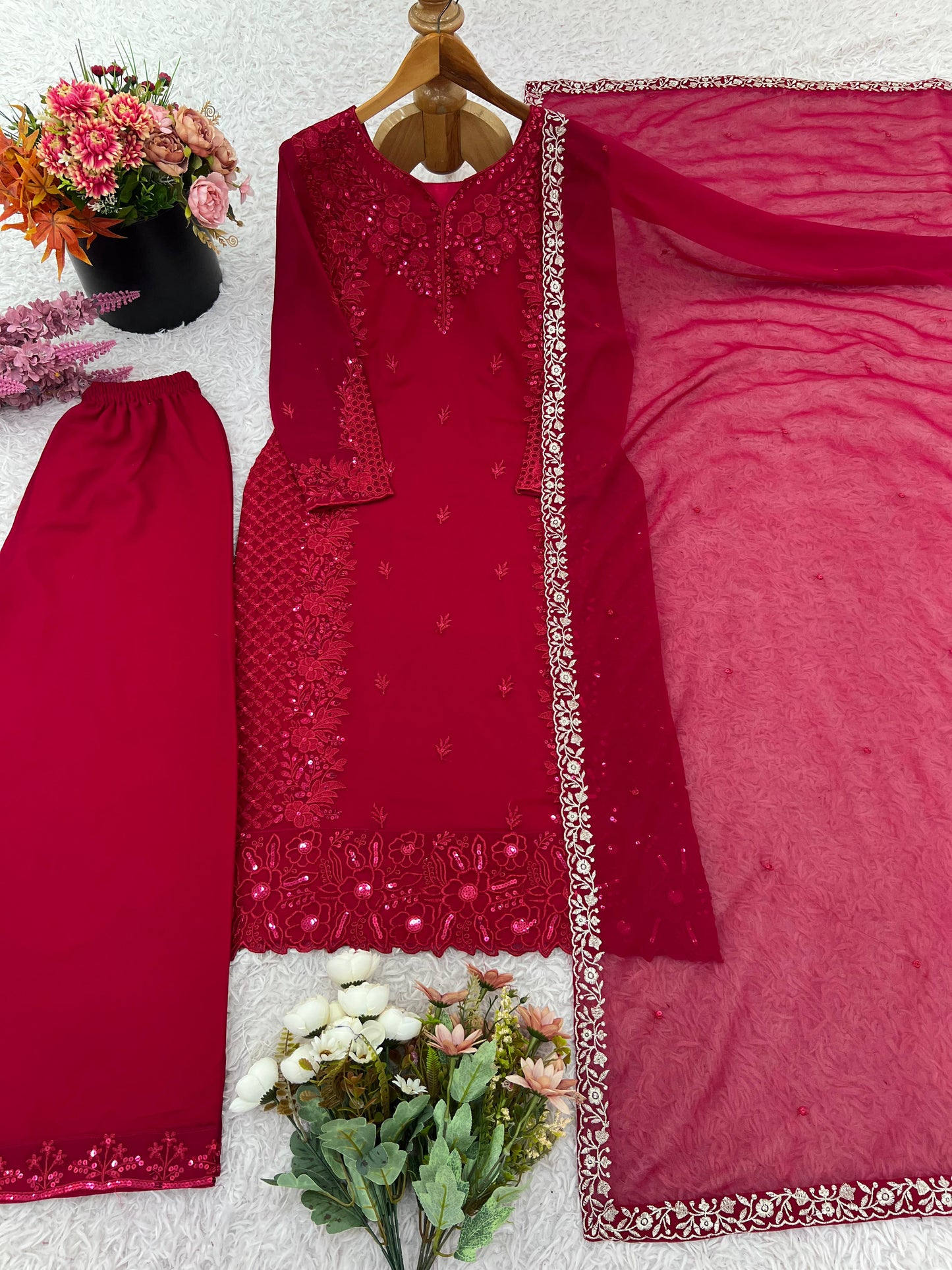 Party Wear Faux Georgette Embroidery Top Pant Dupatta Set