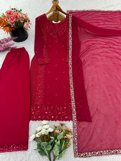 Party Wear Faux Georgette Embroidery Top Pant Dupatta Set