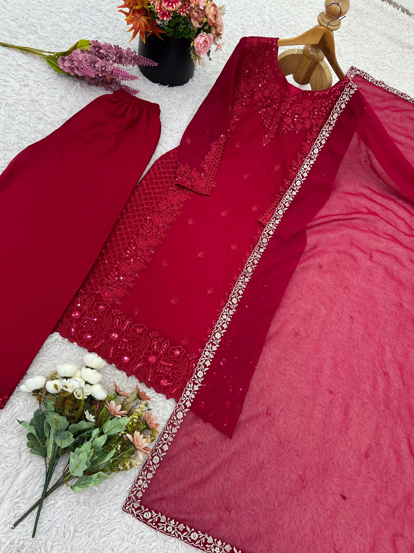 Party Wear Faux Georgette Embroidery Top Pant Dupatta Set