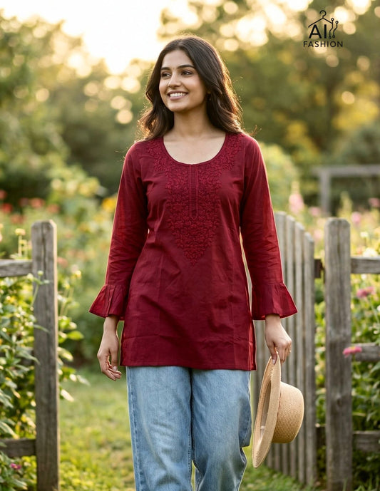 Women Maroon Embroidered Kurti with Designer Sleeves