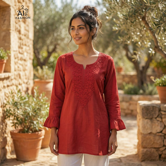 Elegant Red Embroidered Cotton Kurti for Women