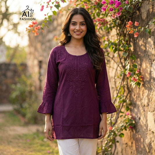 Graceful Wine Embroidered Kurti for Women