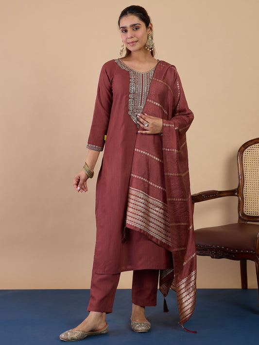 Dusty Brown Embroidered Kurta Pant Set for Women
