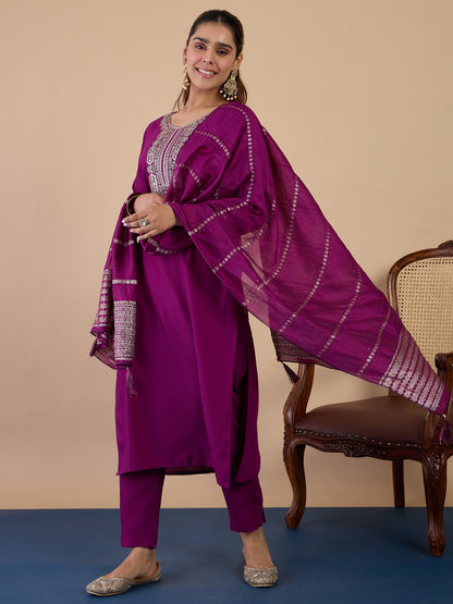 Wine Festive Wear Kurti Pant Set