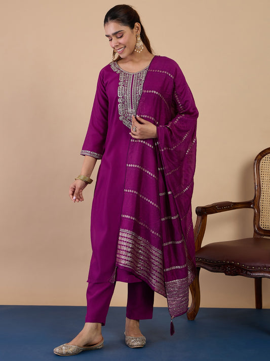 Wine Festive Wear Kurti Pant Set