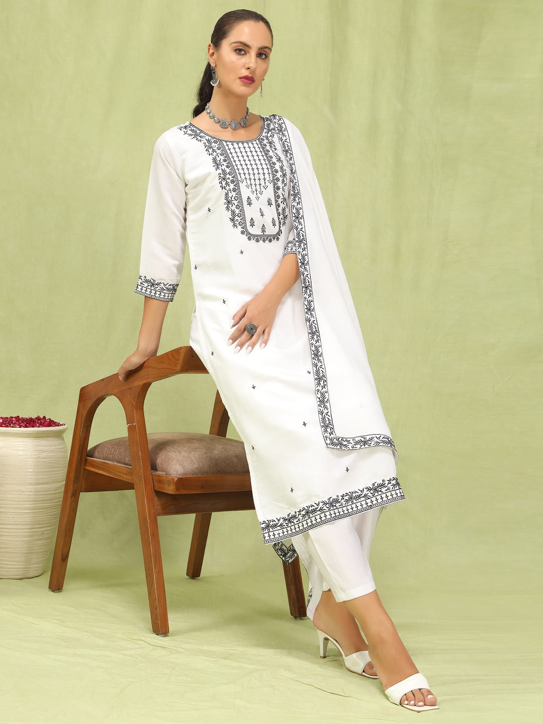Roman Silk White  Straight Kurti Pant Set