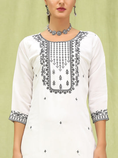 Roman Silk White  Straight Kurti Pant Set