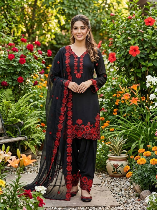 Classic Black Ethnic Wear Set with Red Floral Work