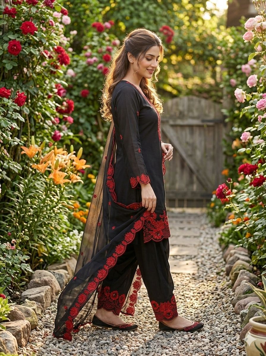 Classic Black Ethnic Wear Set with Red Floral Work