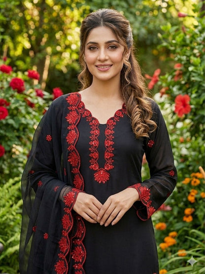 Classic Black Ethnic Wear Set with Red Floral Work