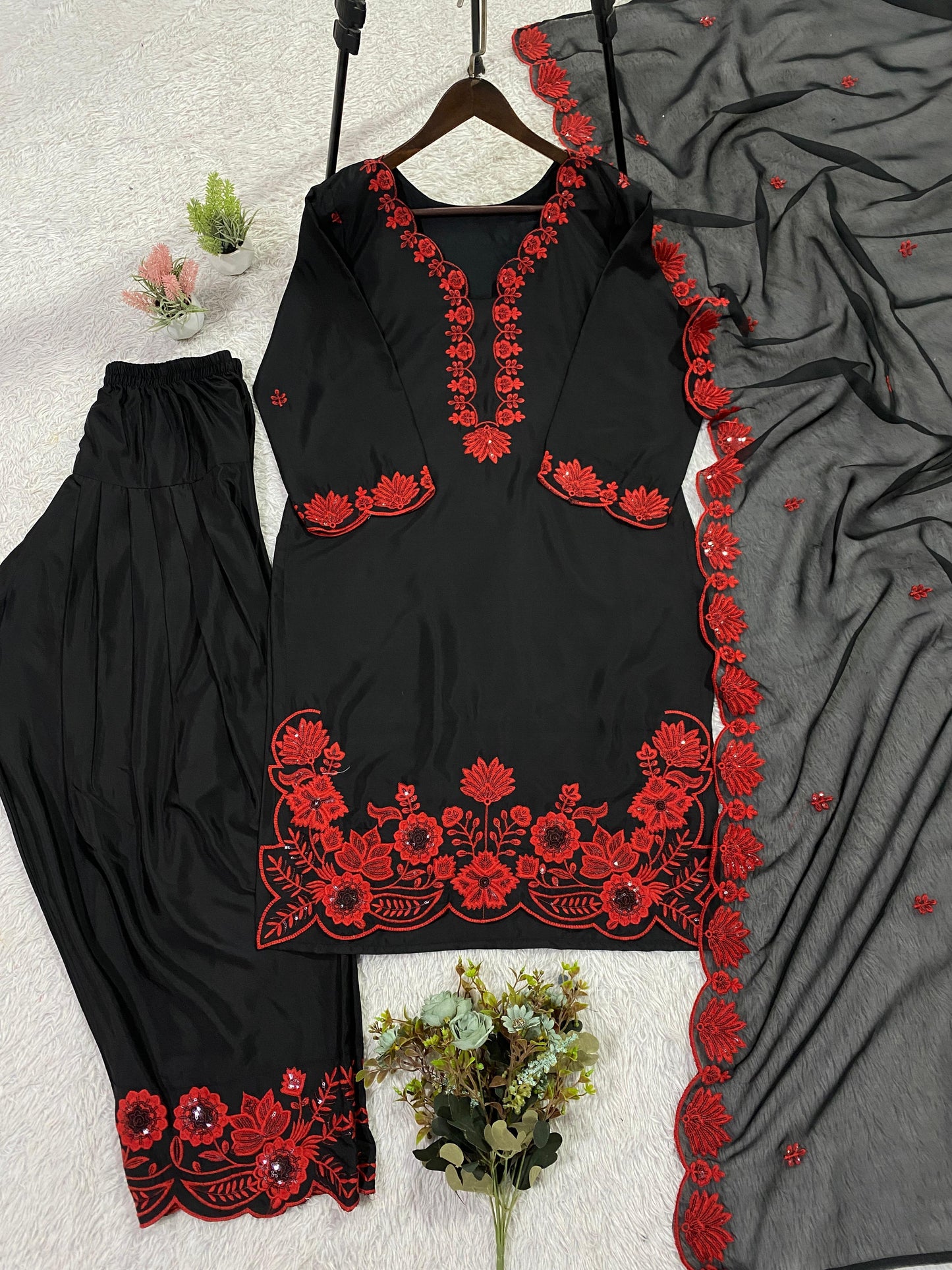 Classic Black Ethnic Wear Set with Red Floral Work