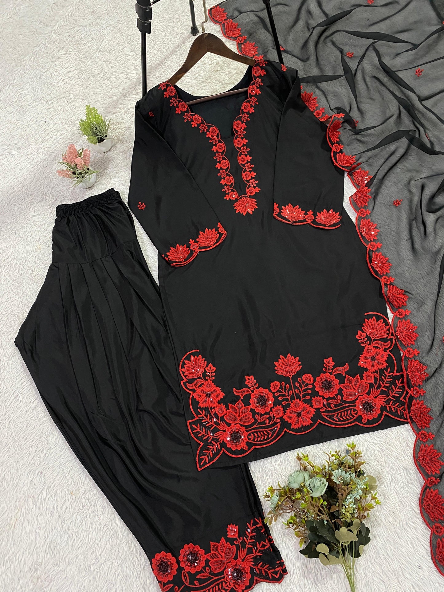 Classic Black Ethnic Wear Set with Red Floral Work