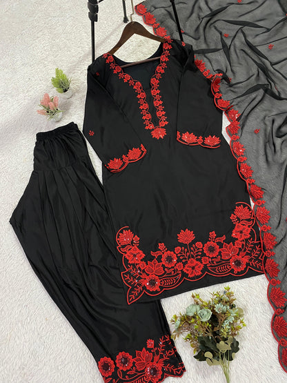 Classic Black Ethnic Wear Set with Red Floral Work