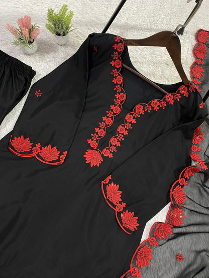 Classic Black Ethnic Wear Set with Red Floral Work