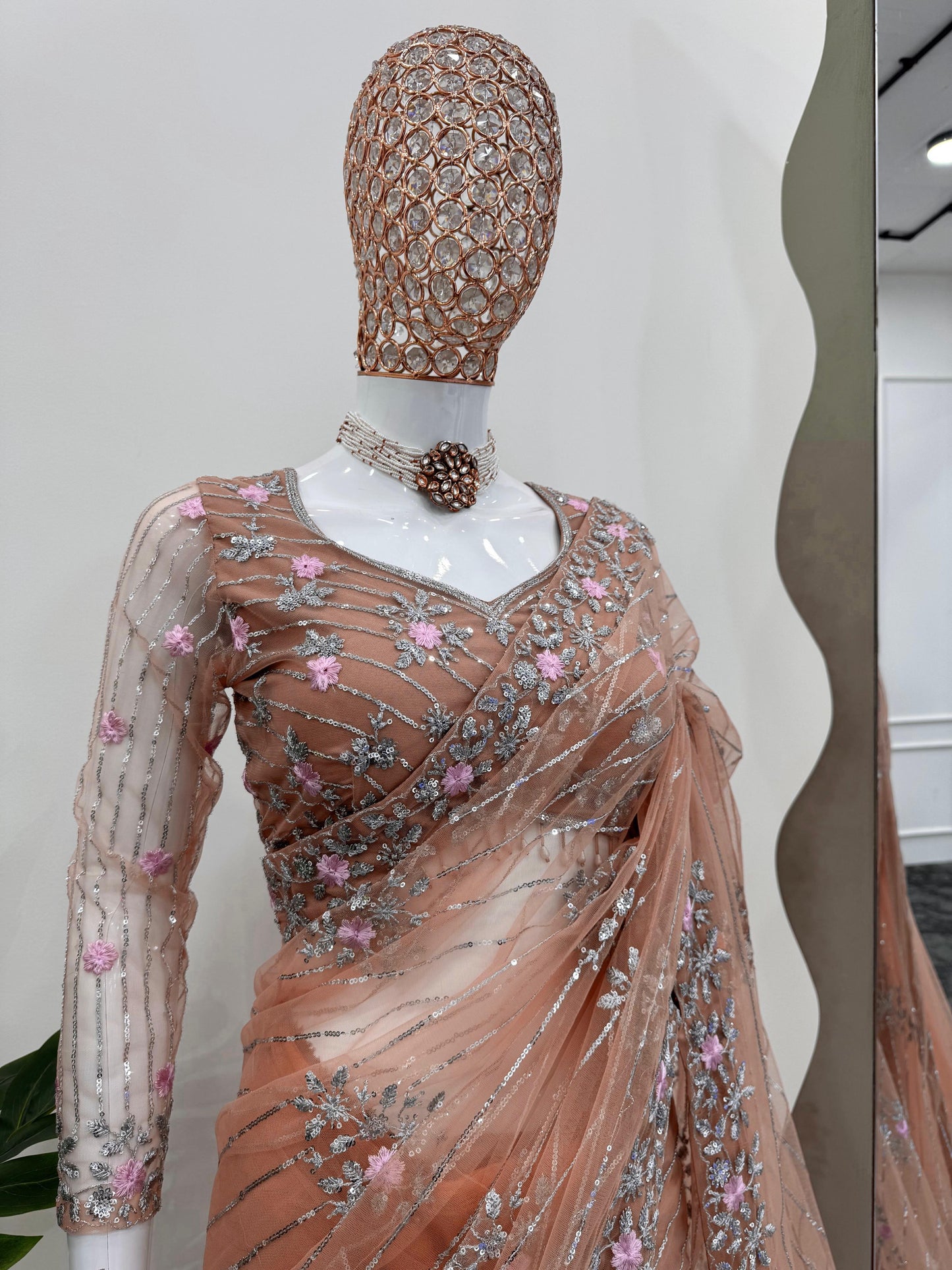 Peach Designer Saree in Soft Net with Heavy Work