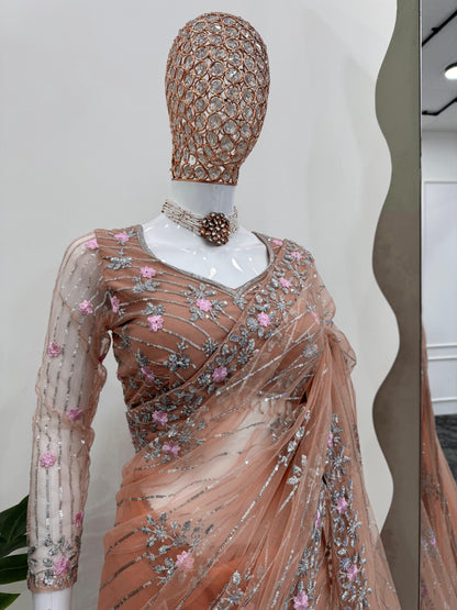 Peach Designer Saree in Soft Net with Heavy Work