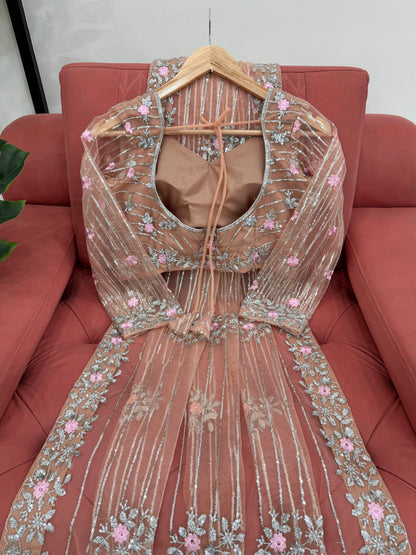 Peach Designer Saree in Soft Net with Heavy Work
