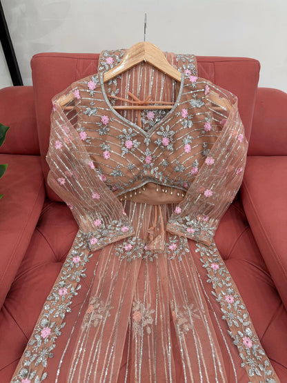 Peach Designer Saree in Soft Net with Heavy Work