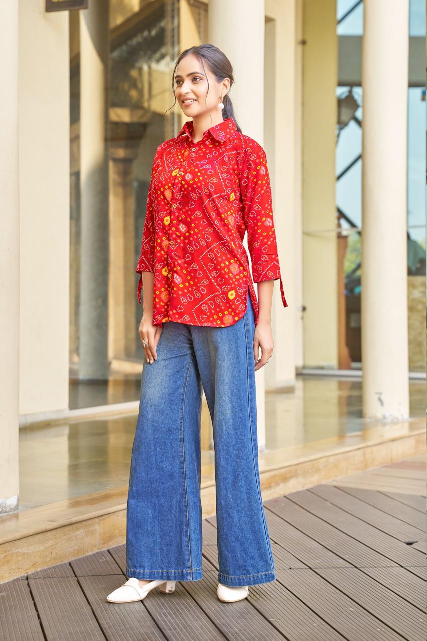 Red Rayon Bandhej Print Shirt