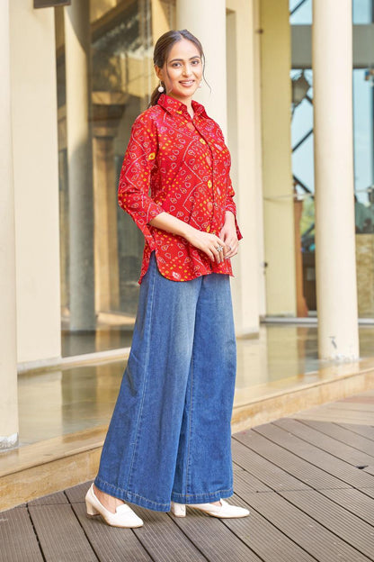 Red Rayon Bandhej Print Shirt