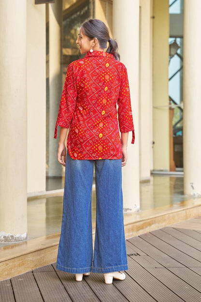 Red Rayon Bandhej Print Shirt