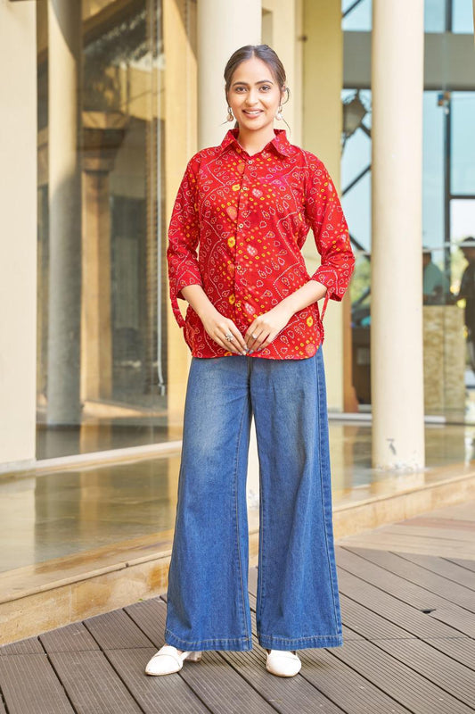 Red Rayon Bandhej Print Shirt