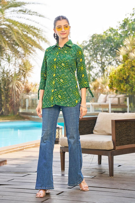 Green Bandhani Printed Casual Wear Shirt for Women