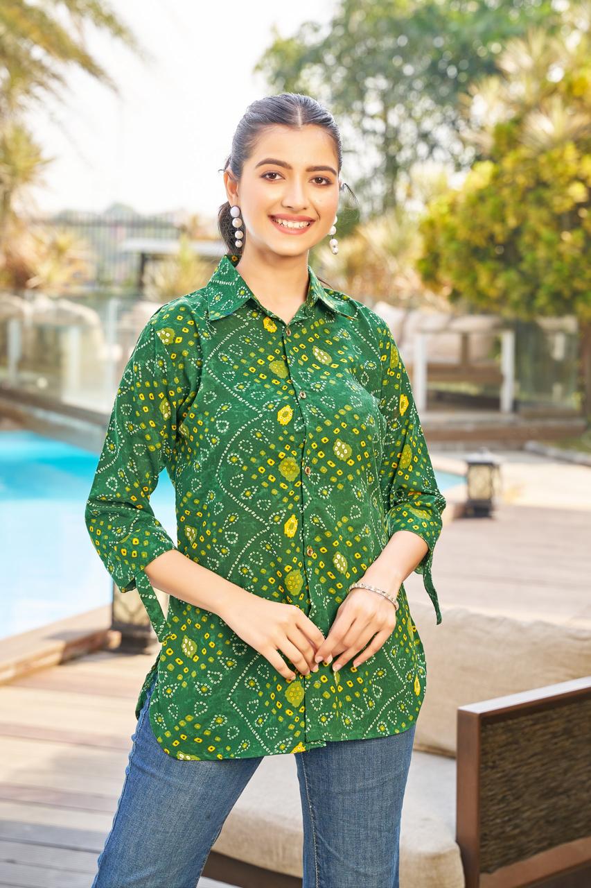 Green Bandhani Printed Casual Wear Shirt for Women