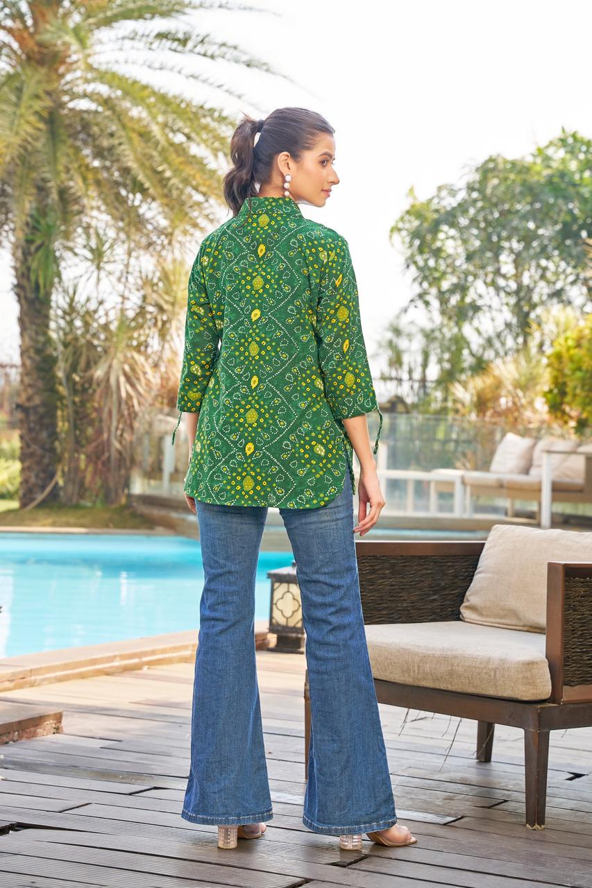 Green Bandhani Printed Casual Wear Shirt for Women