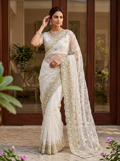 Elegant White Designer Saree with Heavy Embroidery Work